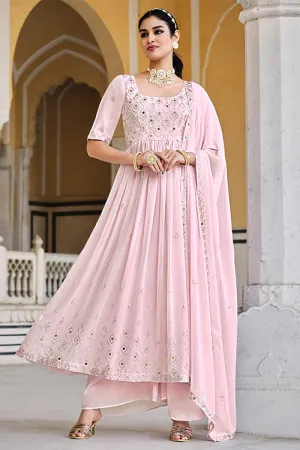 Pink Georgette Embroidered Work Kurta Palazzo Dupatta Set