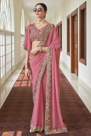 Pink Georgette Resham, Zari, Beads Work Designer Saree