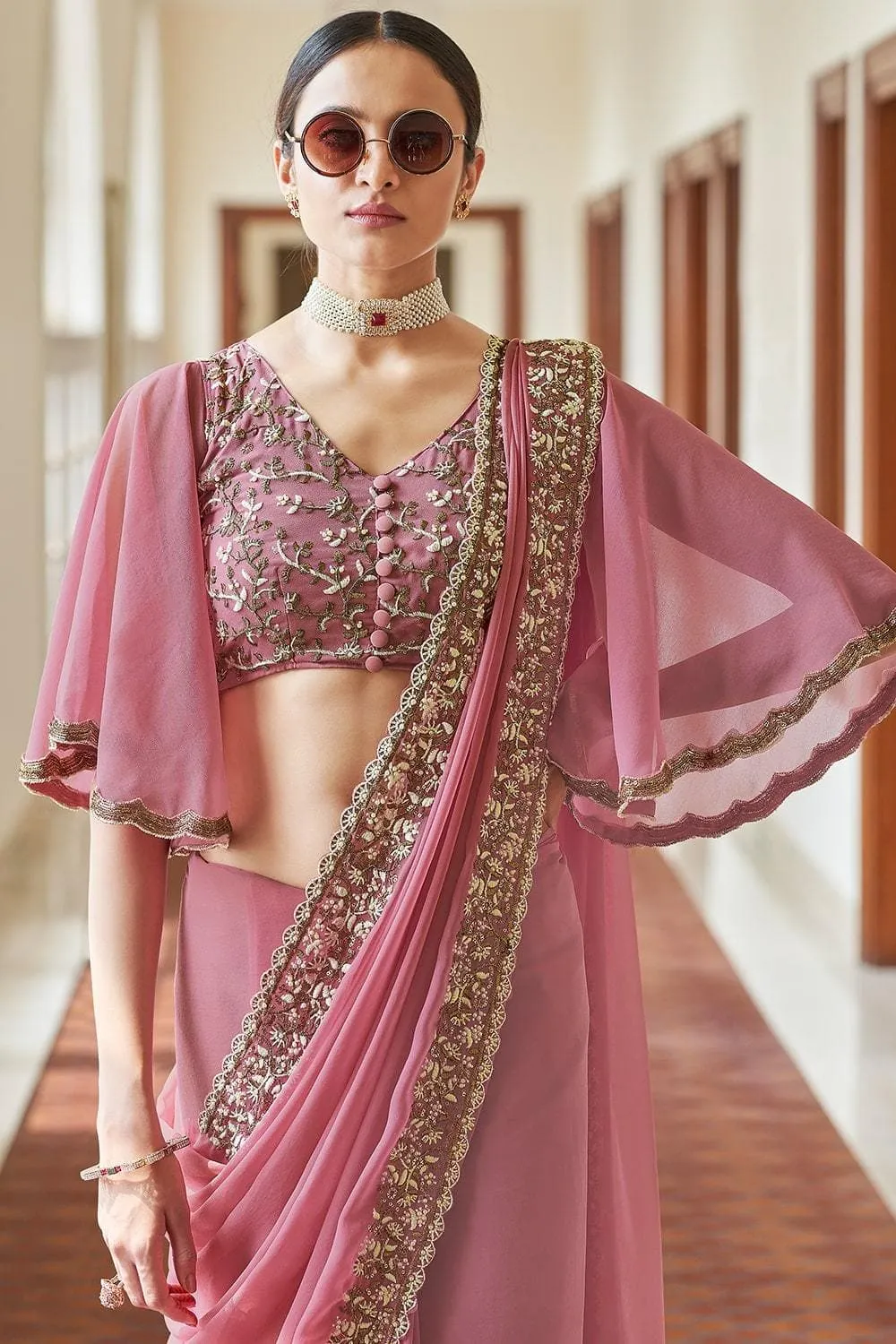 Pink Georgette Resham, Zari, Beads Work Designer Saree