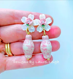 Pink Ginger Jar Floral Pearl Earrings