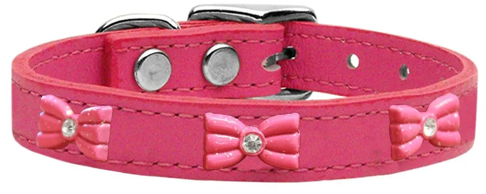 Pink Glitter Bow Widget Genuine Leather Dog Collar Pink 12