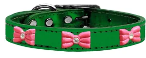 Pink Glitter Bow Widget Genuine Metallic Leather Dog Collar Emerald Green 22