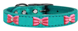 Pink Glitter Bow Widget Genuine Metallic Leather Dog Collar Turquoise 12