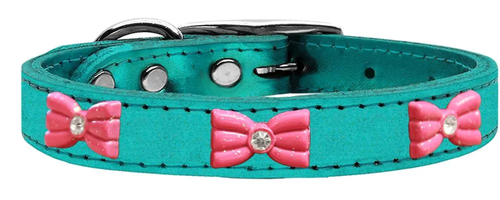 Pink Glitter Bow Widget Genuine Metallic Leather Dog Collar Turquoise 16