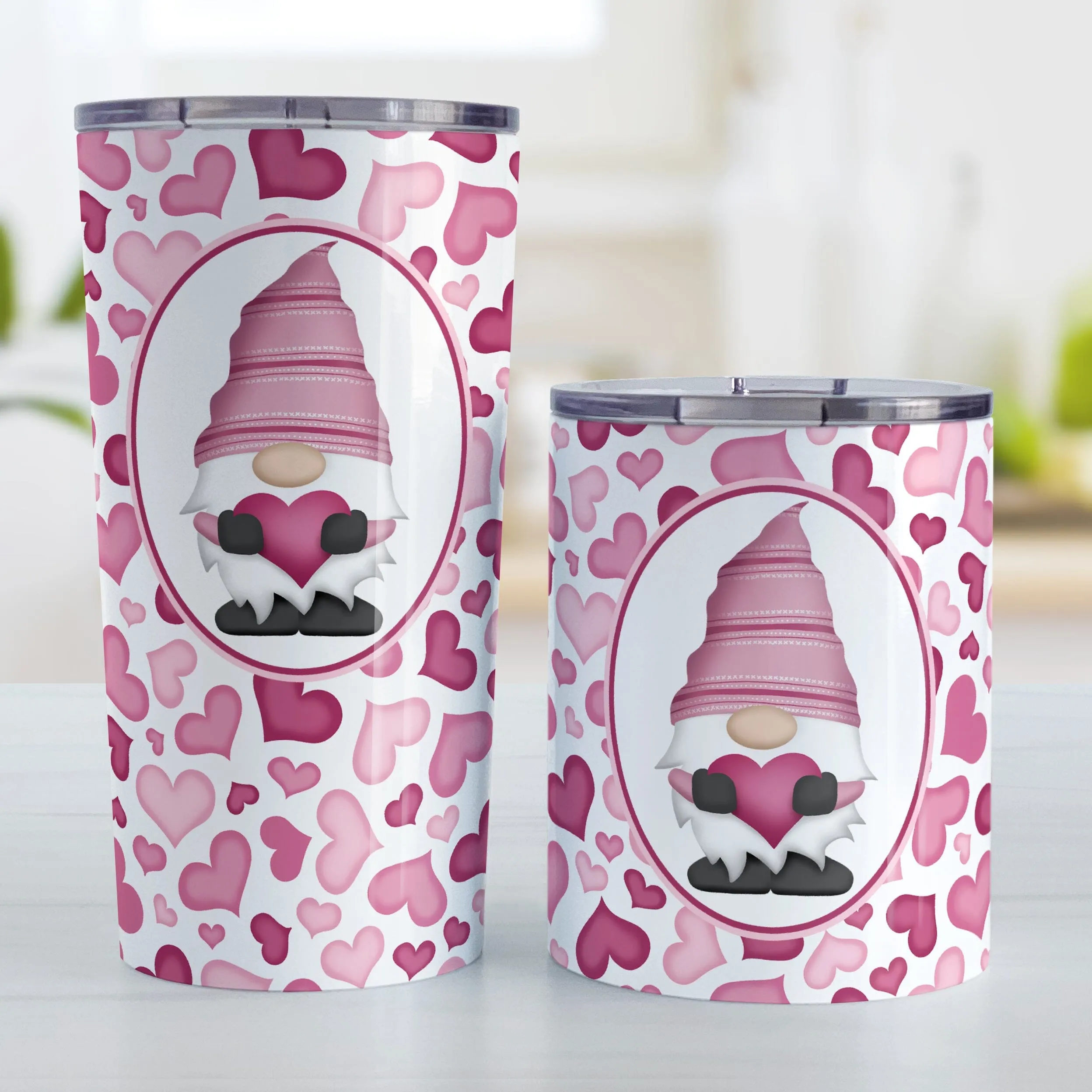 Pink Gnome Hearts Tumbler Cup