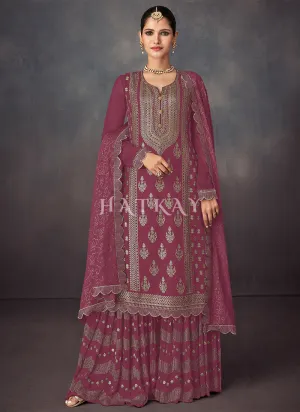 Pink Golden Embroidered Sharara Style Suit