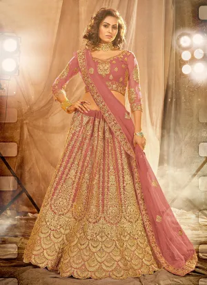 Pink Golden Embroidered Wedding Lehenga Choli