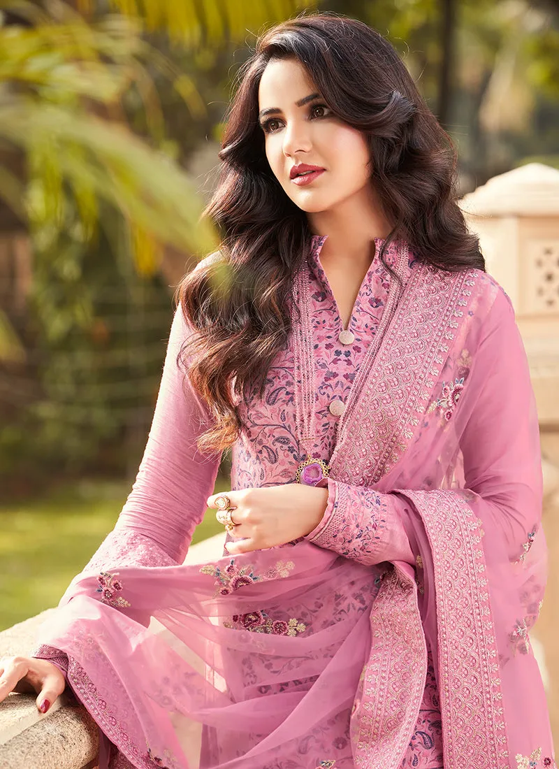 Pink Golden Embroidery Pakistani Pant Style Suit