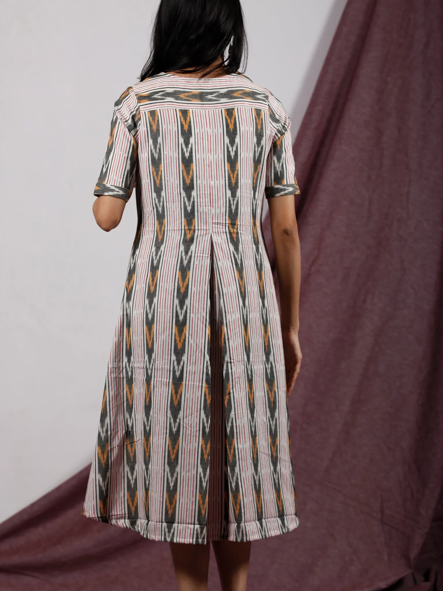 Pink Grey White Rust Front Open Hand Woven Ikat Cotton Dress With Front Box Pleats  - D196F1237