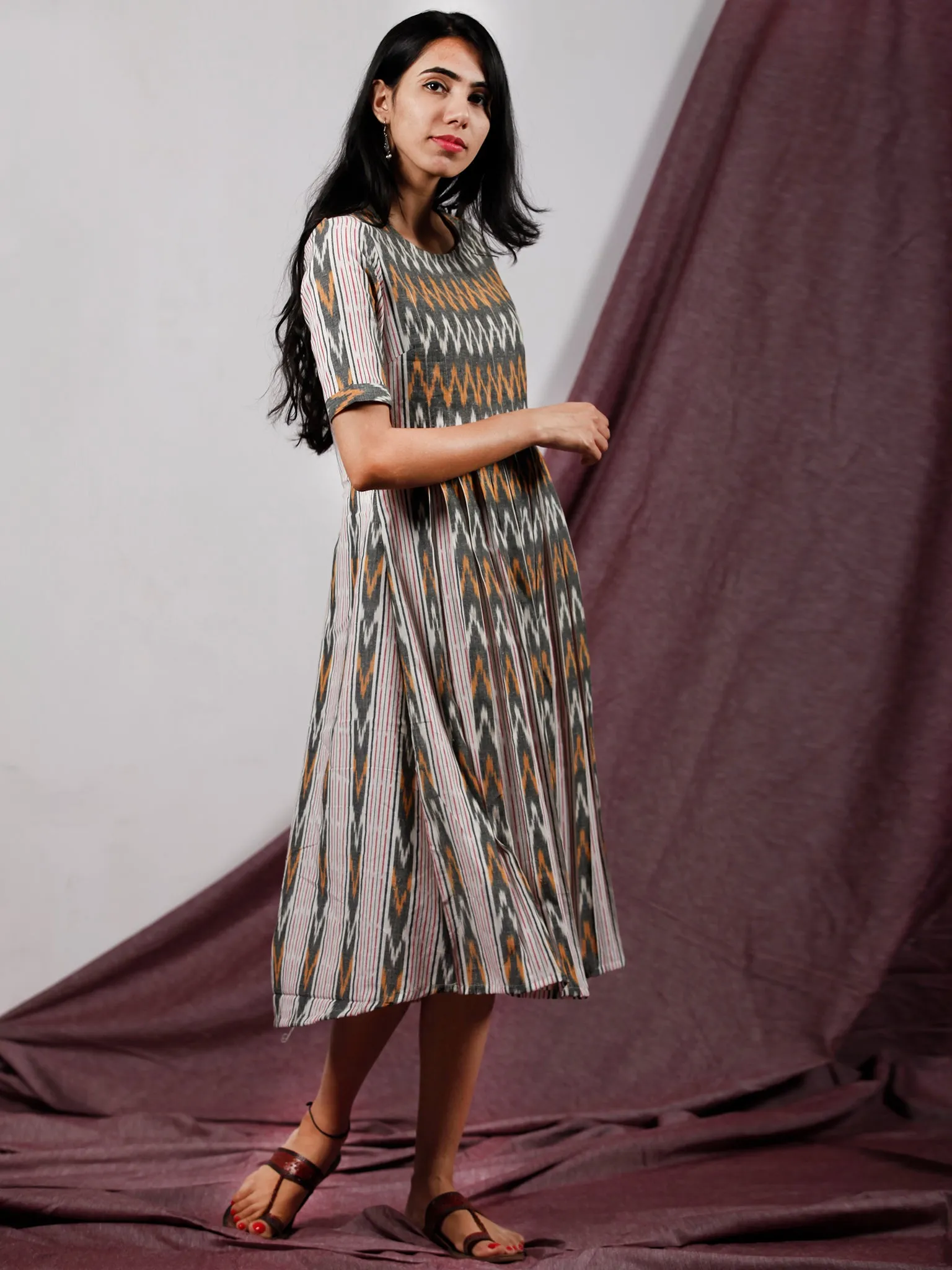 Pink Grey White Rust Front Open Hand Woven Ikat Cotton Dress With Front Box Pleats  - D196F1237