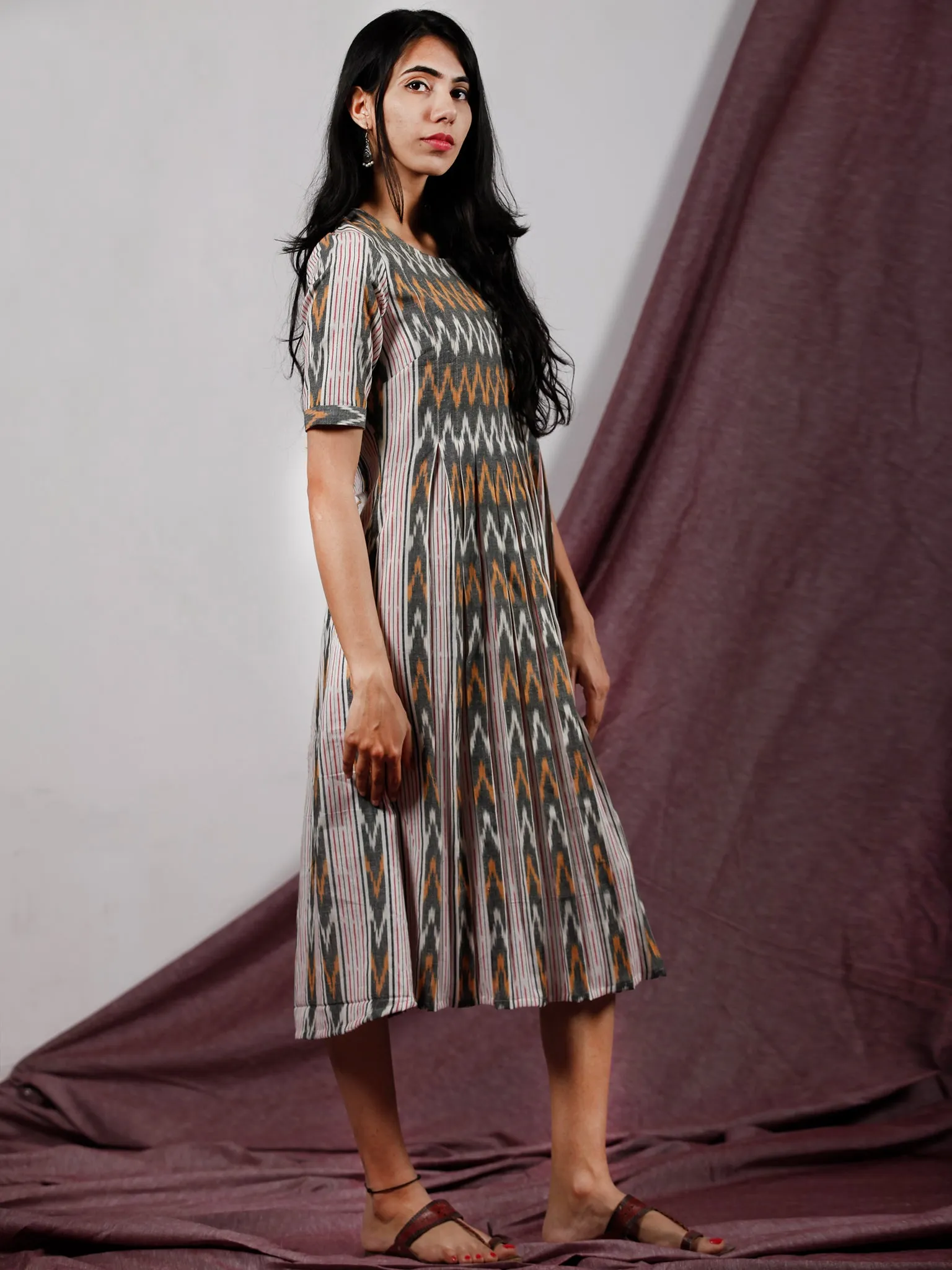 Pink Grey White Rust Front Open Hand Woven Ikat Cotton Dress With Front Box Pleats  - D196F1237