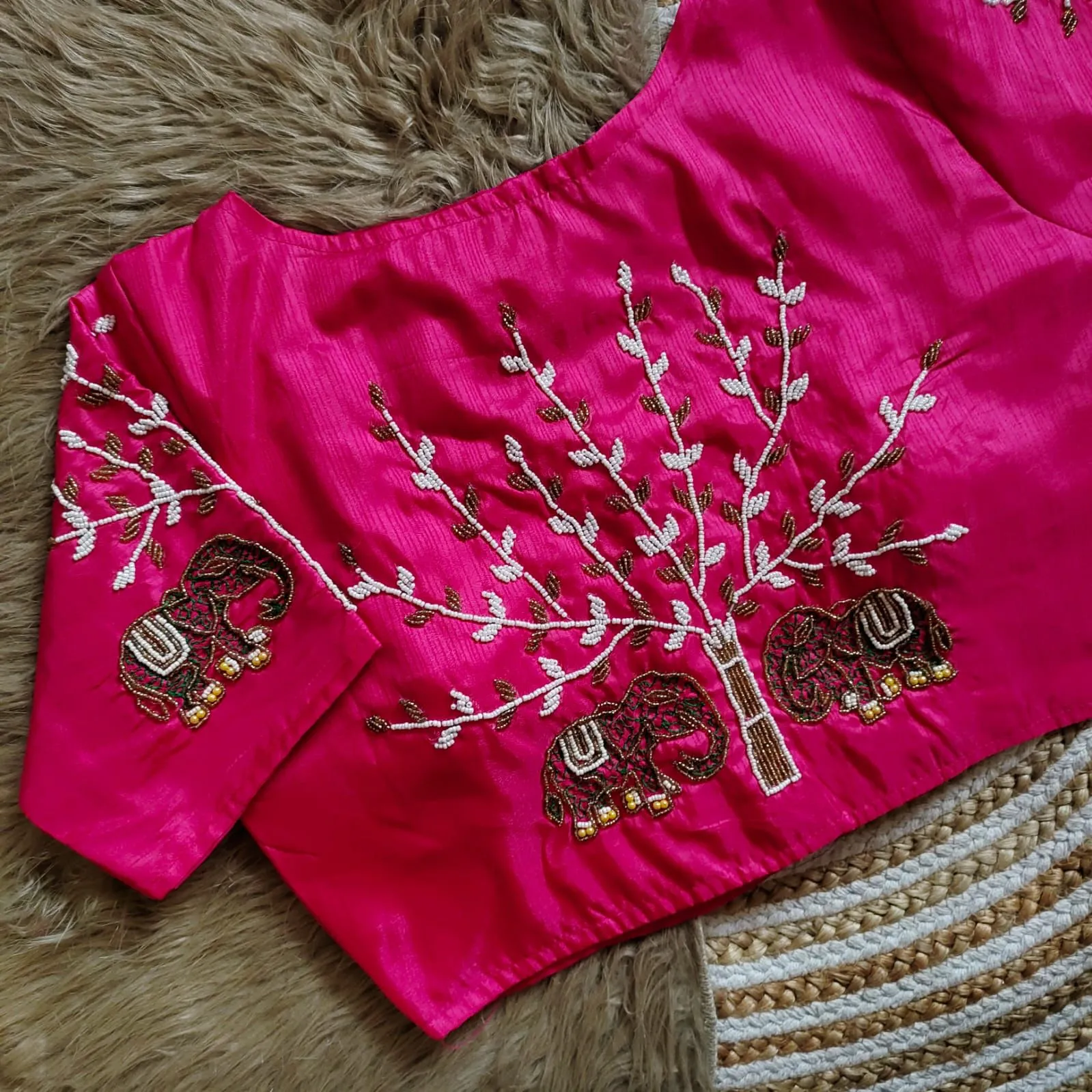 Pink Handcrafted Blouse with Detailed Sleeves and Back in Haka Silk