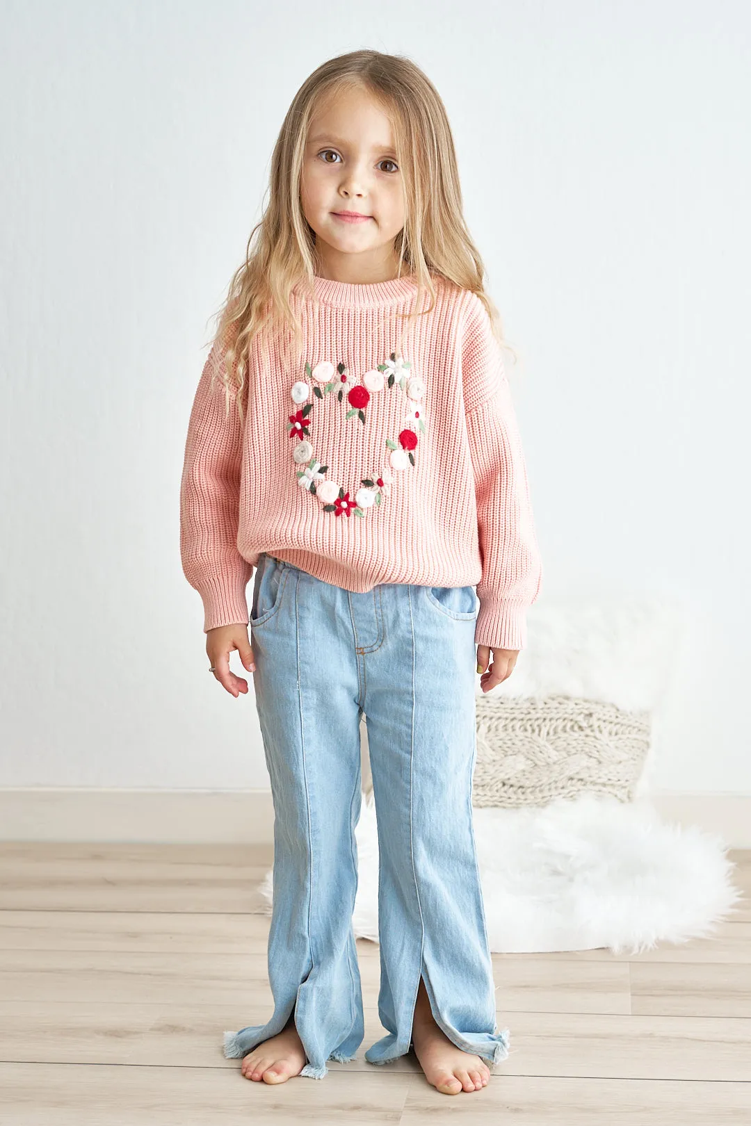 Pink heart floral hand-embroidered oversized sweater