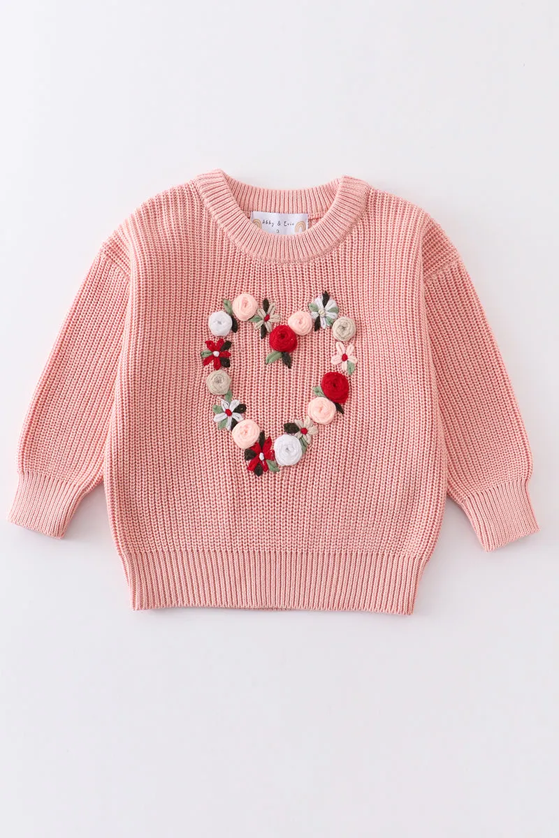 Pink heart floral hand-embroidered oversized sweater