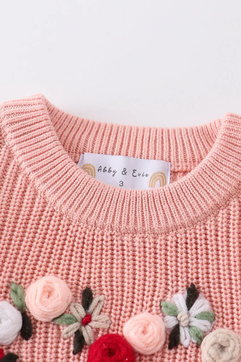 Pink heart floral hand-embroidered oversized sweater