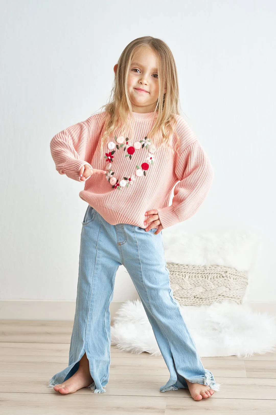 Pink heart floral hand-embroidered oversized sweater