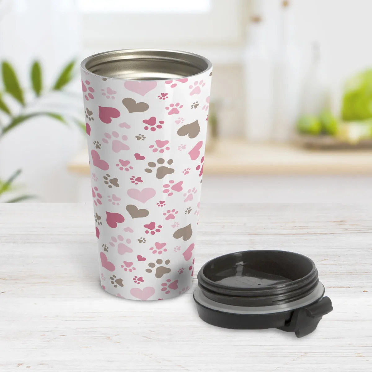 Pink Hearts and Paw Prints Travel Mug