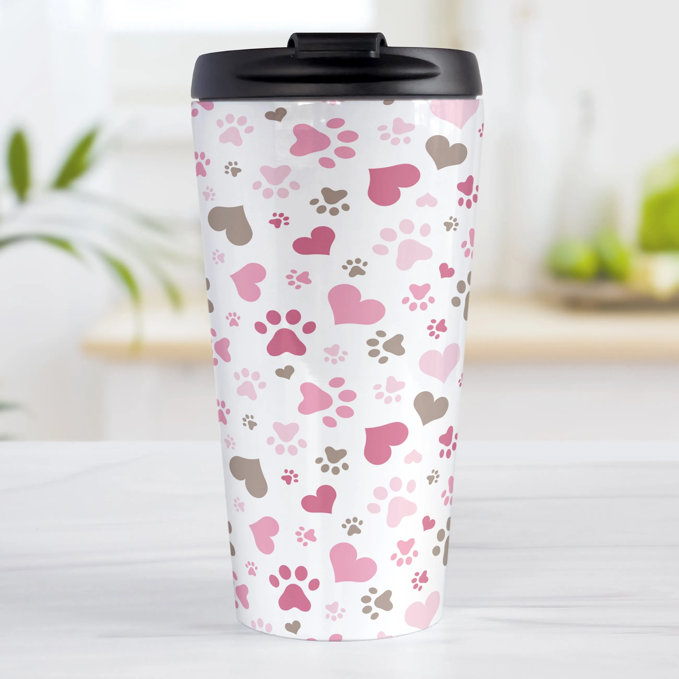 Pink Hearts and Paw Prints Travel Mug