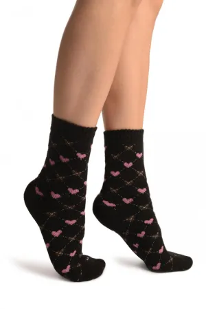 Pink Hearts On Black Angora Ankle High Socks