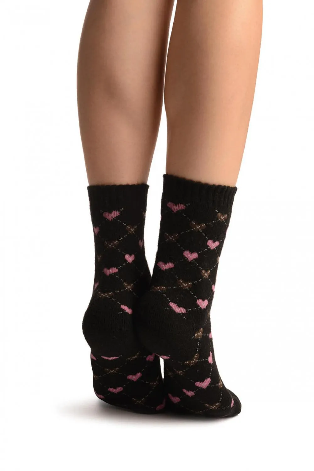 Pink Hearts On Black Angora Ankle High Socks