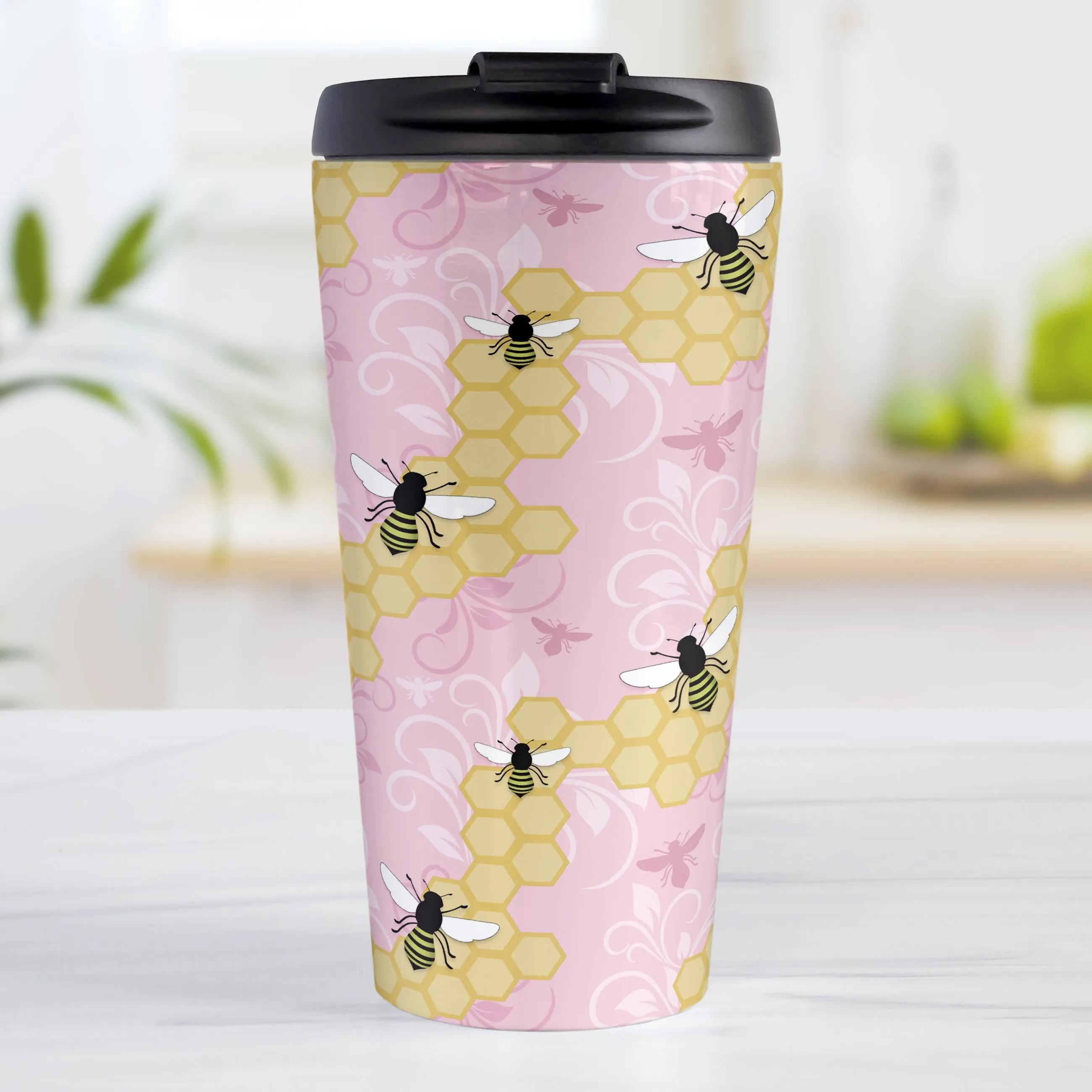 Pink Honeycomb Bee Travel Mug