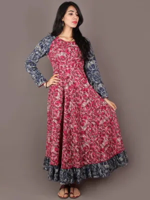 Pink Indigo Beige Ivory Hand Block Printed Long Cotton Dress With Gather - D0641308