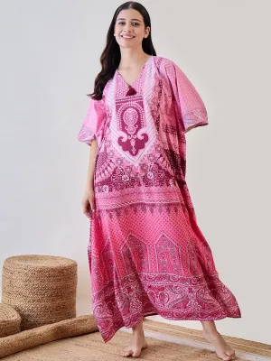 Pink Intricate Printed Crepe Kaftan Nightdress