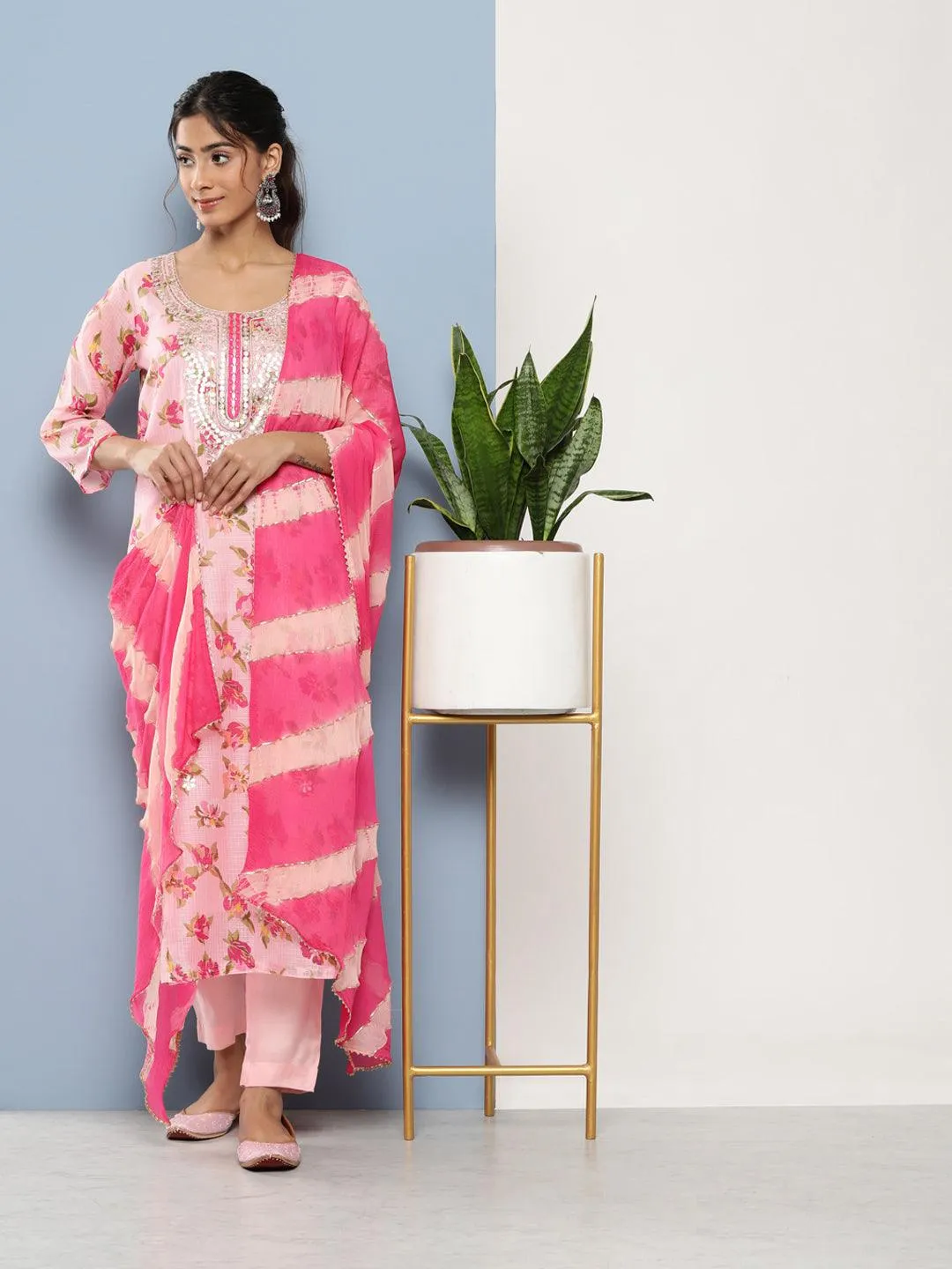 Pink Kota Doria Floral Printed Kurta Pant Dupatta Sets