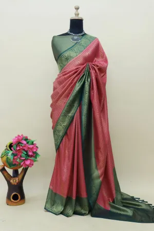 Pink Kuber Soft Silk Saree with Exquisite Golden Jari Work & Matching Blouse