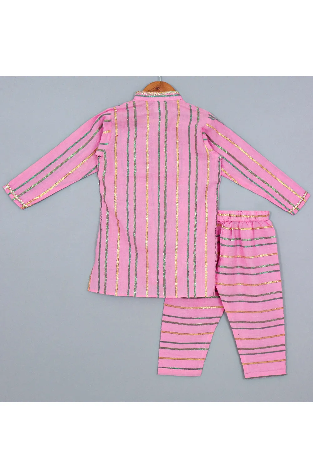 Pink Lace Detailing Cotton Lurex Kurta With Pyjama Set