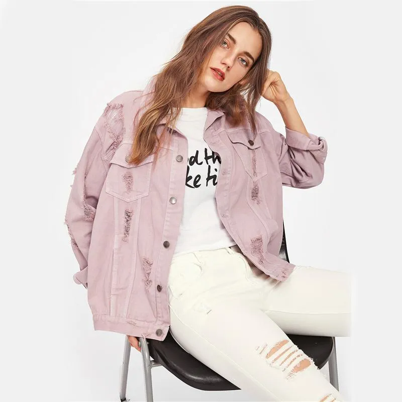 Pink Lapel Single Breasted Casual Denim Jacket