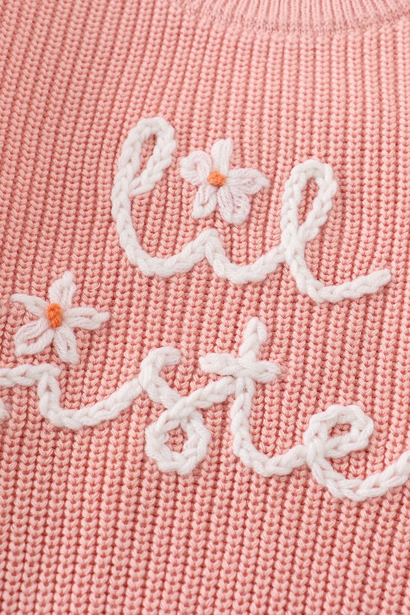 Pink lil sister hand-embroidered pullover sweater