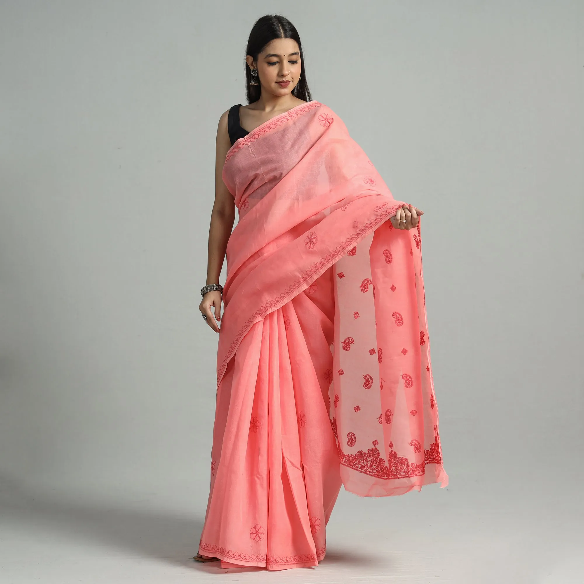 Pink - Lucknow Chikankari Hand Embroidery Terivoile Cotton Saree 11