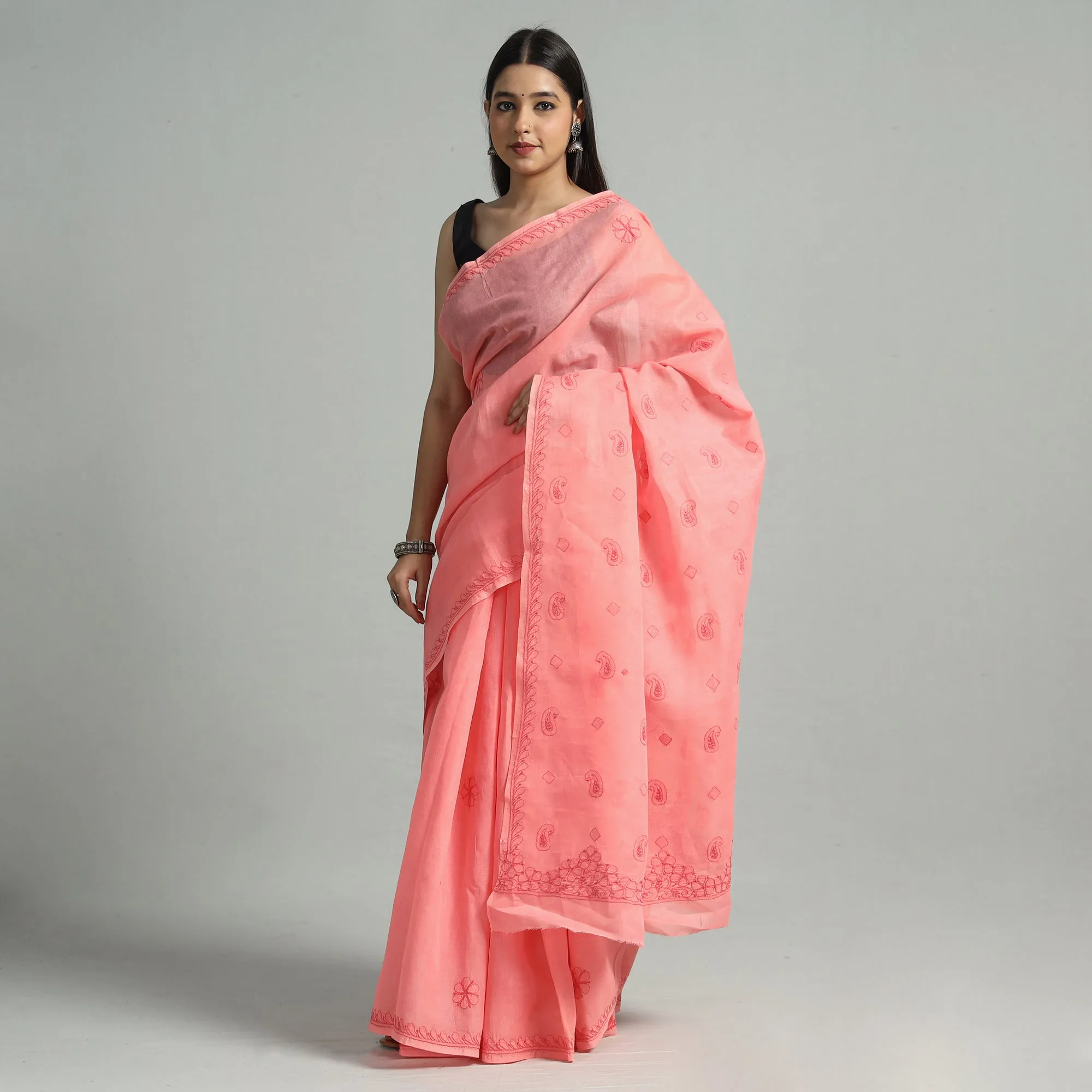 Pink - Lucknow Chikankari Hand Embroidery Terivoile Cotton Saree 11