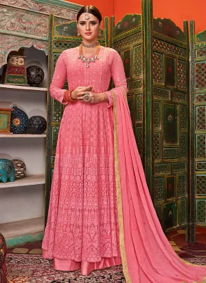 Pink Lucknowi Embroidered Anarkali Palazzo Suit