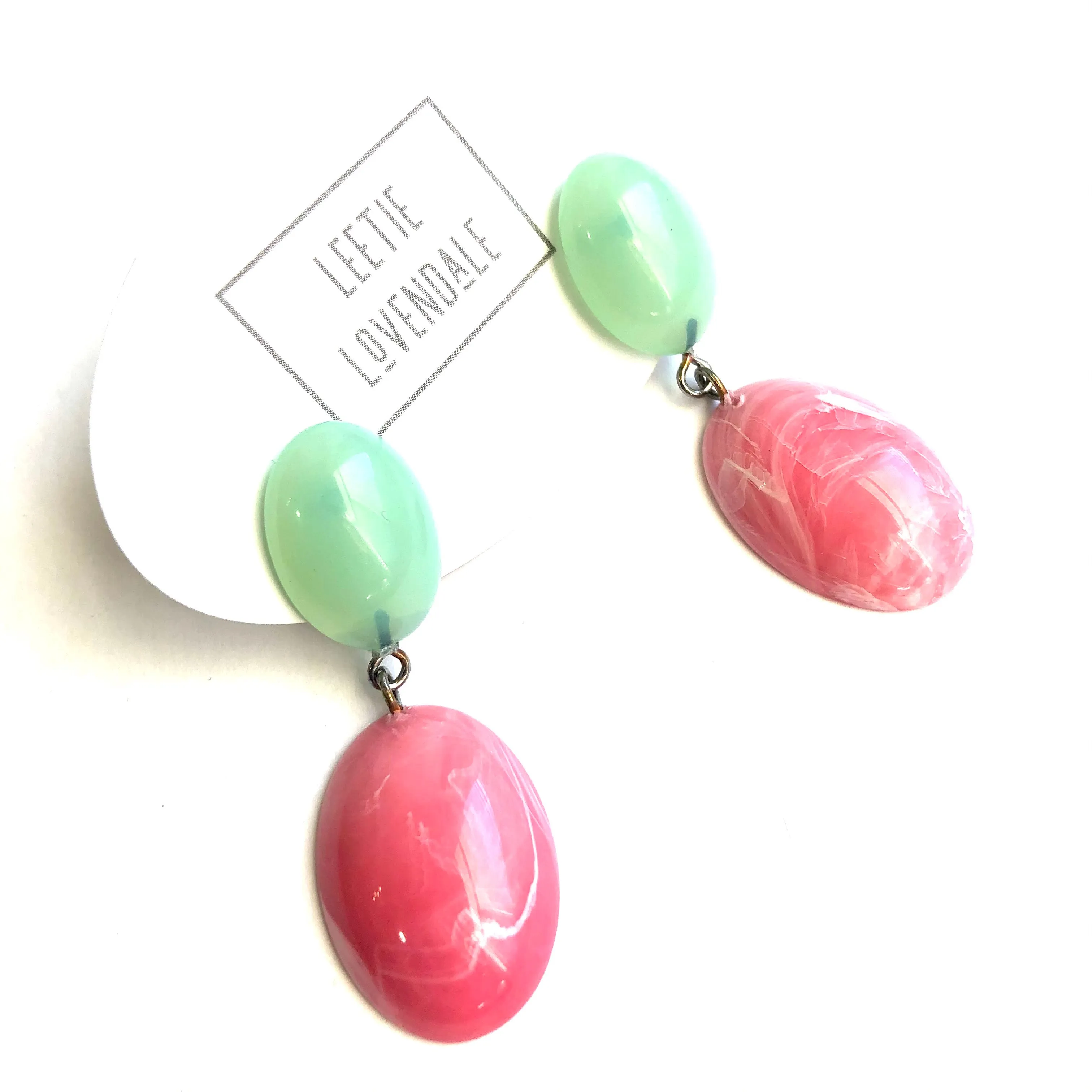 Pink Marbled & Mint Green Opal Jelly Bean Earrings