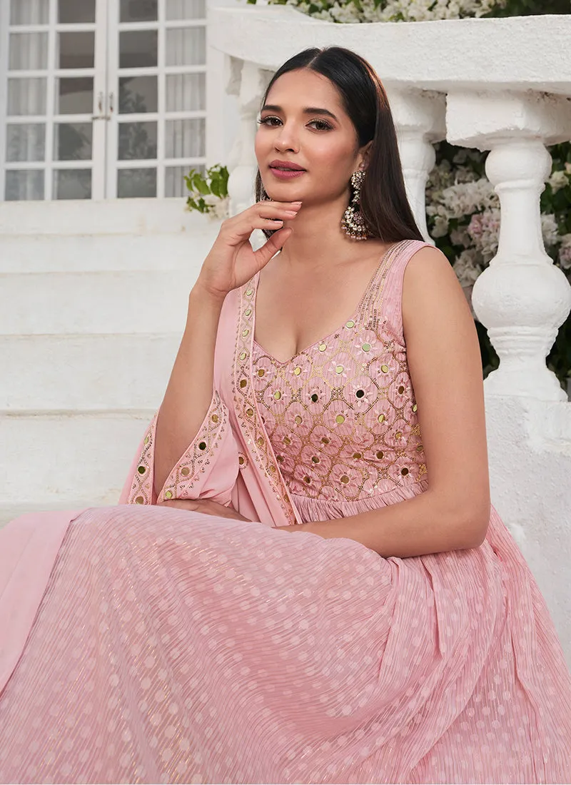 Pink Mirror Work Embroidered Jacquard Anarkali Suit