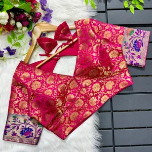 Pink Multi Meena Work Pure Paithani Blouse