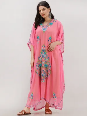 Pink Multicolor Aari Embroidered Kashmere Free Size Georgette Kaftan  - K12K010