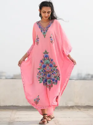 Pink Multicolor Aari Embroidered Kashmere Free Size Kaftan in Crushed Cotton - K11K073