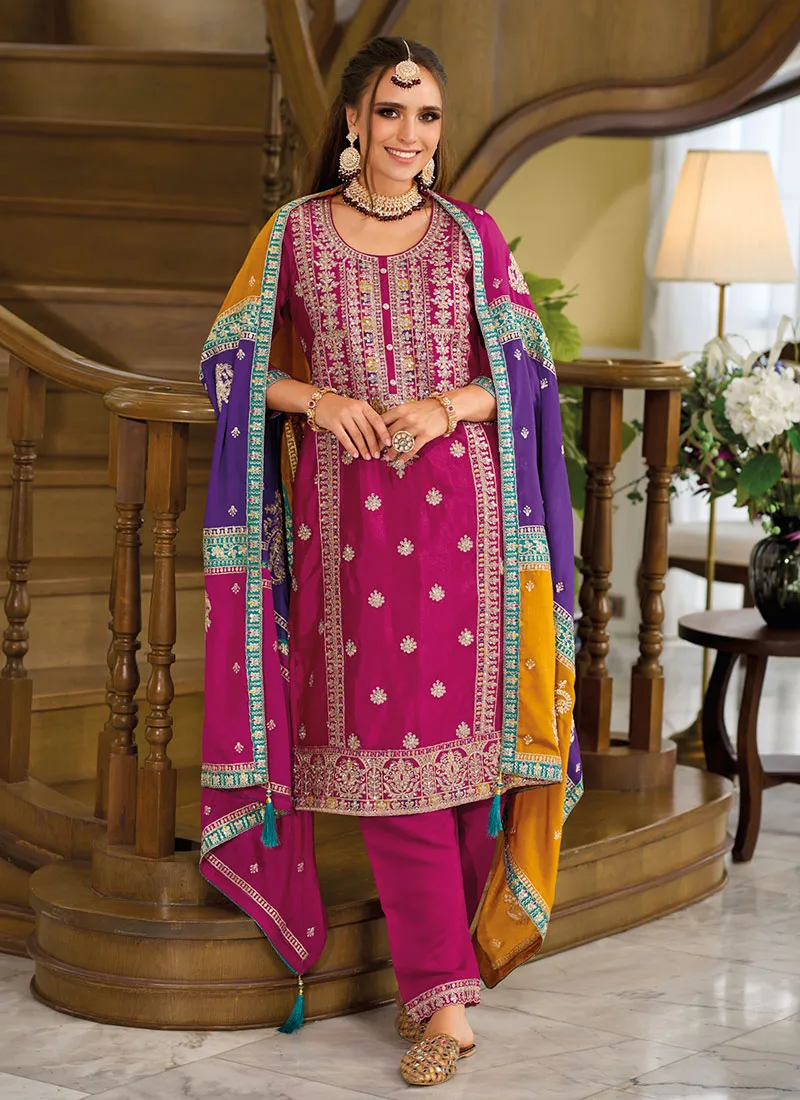 Pink Multicoloured Embroidery Pant Style Suit