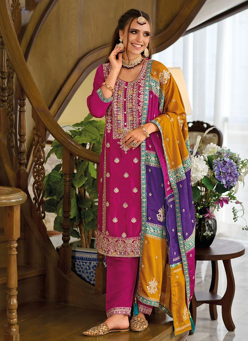 Pink Multicoloured Embroidery Pant Style Suit