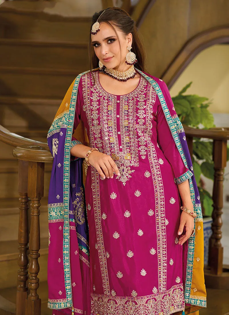 Pink Multicoloured Embroidery Pant Style Suit