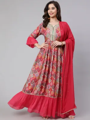 Pink Muslin Digital Printed Embroidered Flared Kurta With Solid Dupatta