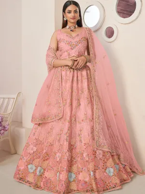 Pink Net Embroidered Semi stitched Lehenga With Unstitched blouse