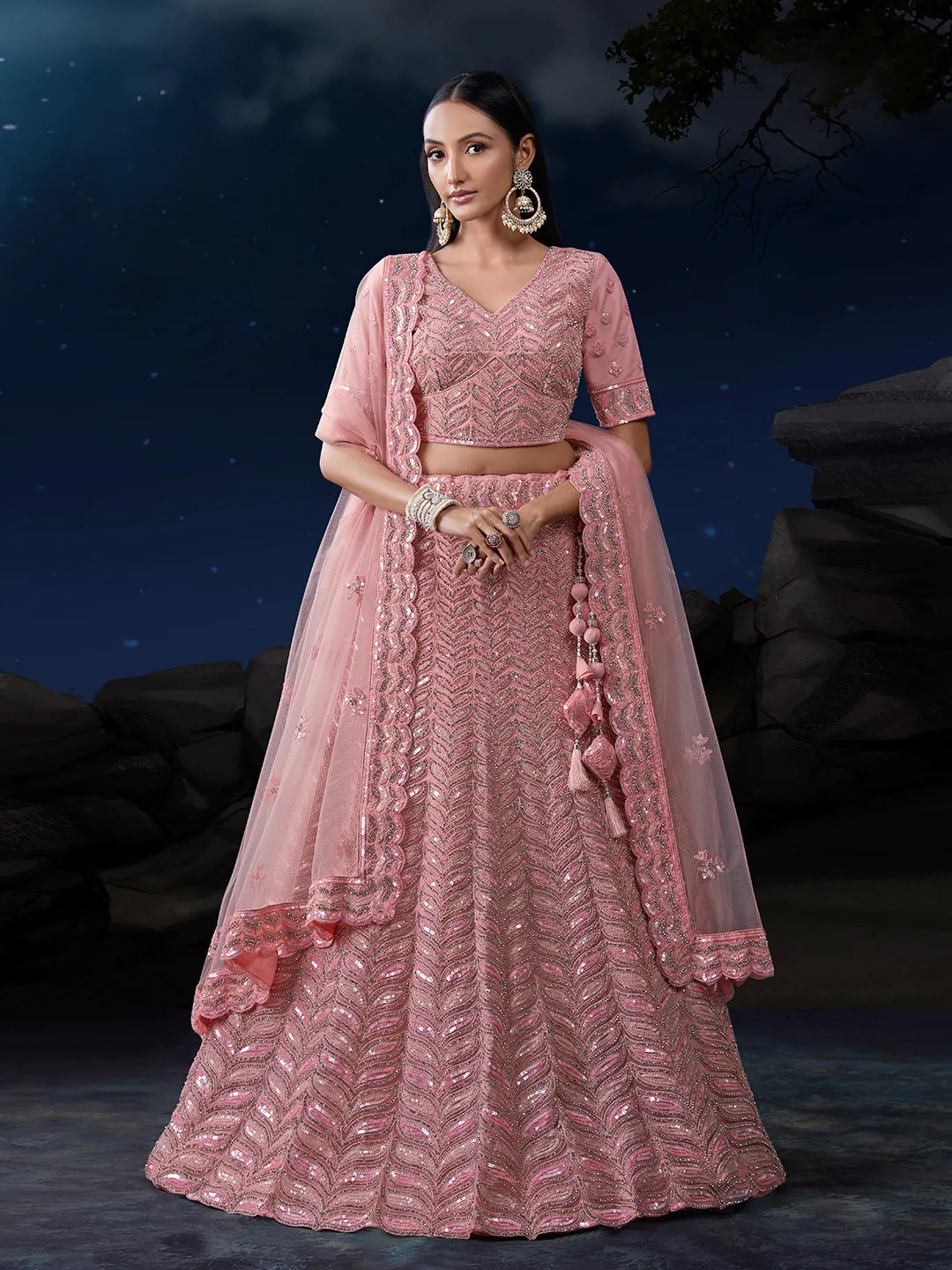 Pink Net Lehenga Choli Set with Dazzling Embroidery