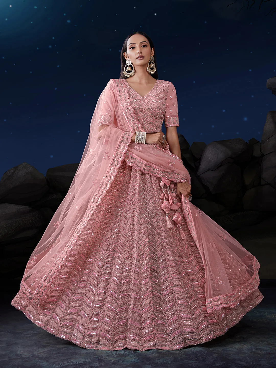 Pink Net Lehenga Choli Set with Dazzling Embroidery