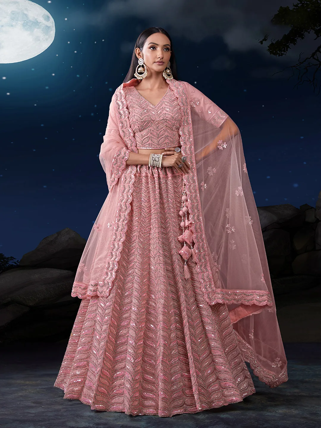 Pink Net Lehenga Choli Set with Dazzling Embroidery