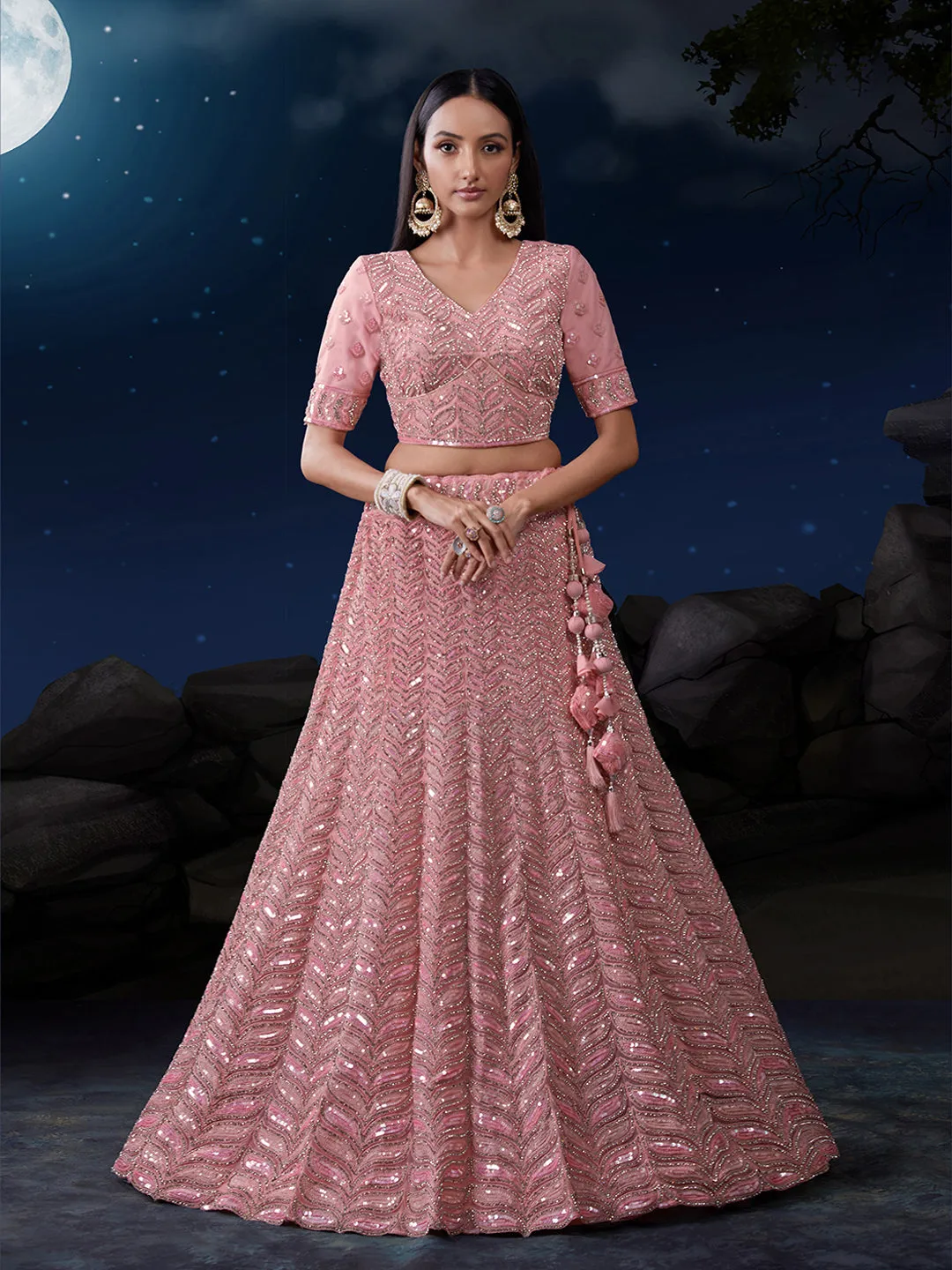 Pink Net Lehenga Choli Set with Dazzling Embroidery