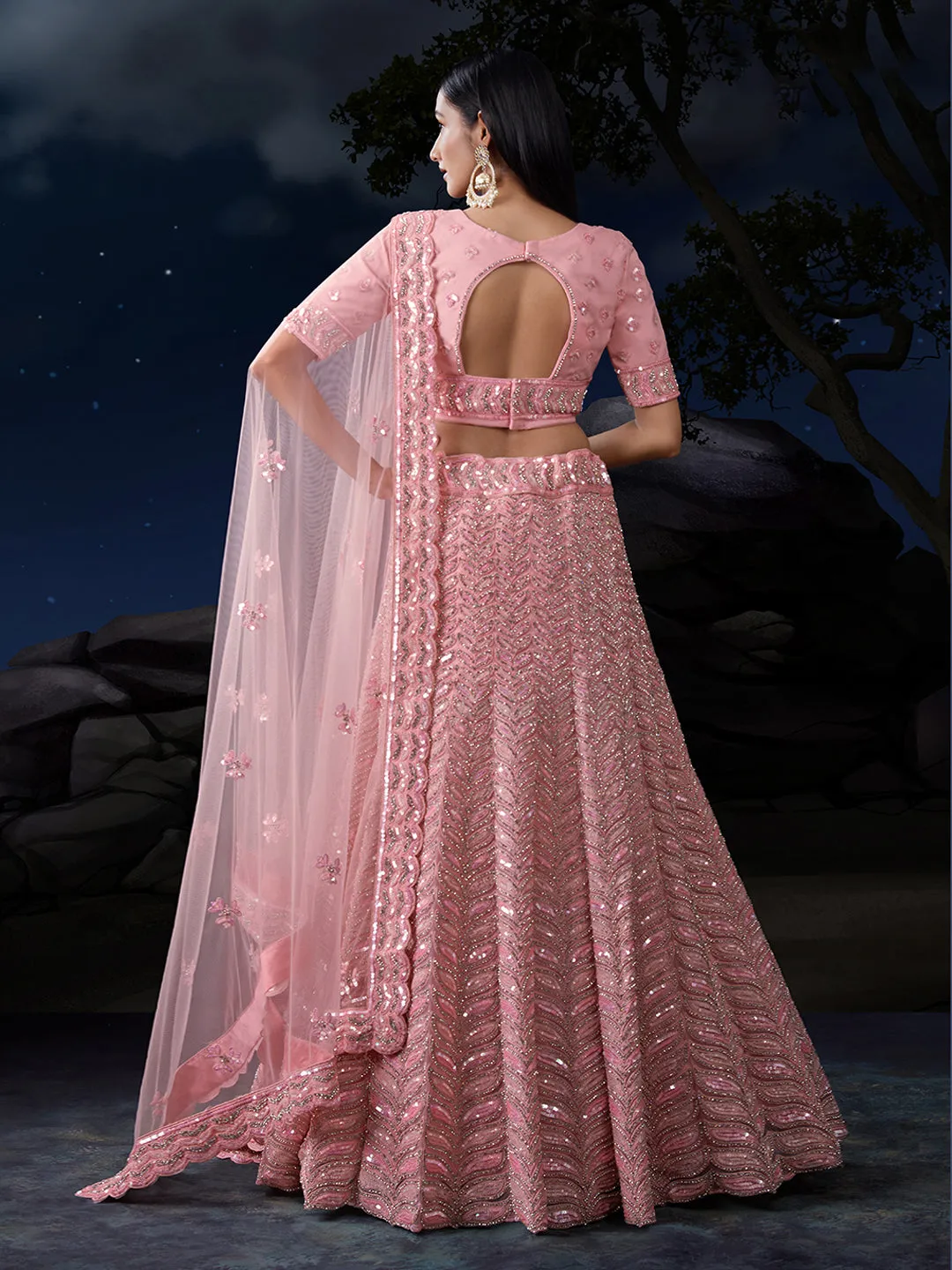 Pink Net Lehenga Choli Set with Dazzling Embroidery